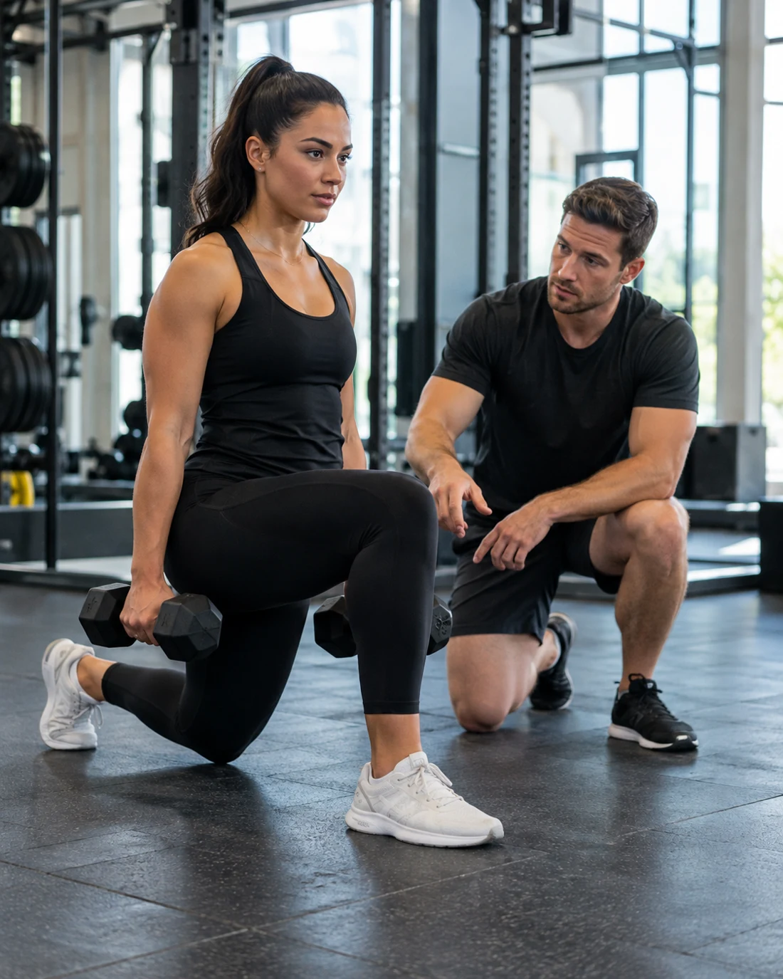 Woman performing a dumbbell lunge with a trainer beside her